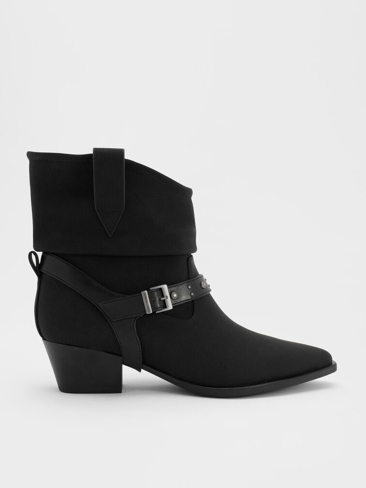 Studded-Strap Ruched Ankle Boots, Black, hi-res