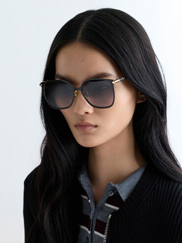 نظارات شمسية مربعة أوفيليا ذات لمسات معدنية, أسود, hi-res