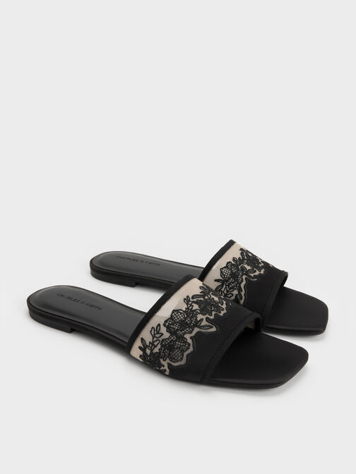 Satin Embroidered-Mesh Slide Sandals, Black Textured, hi-res