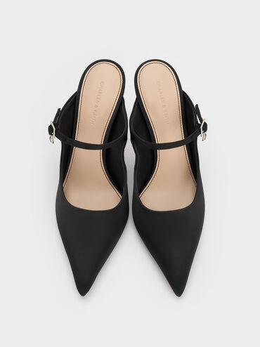 Satin Teardrop-Crystal Buckle-Strap Stiletto-Heel Mules, Black Textured, hi-res
