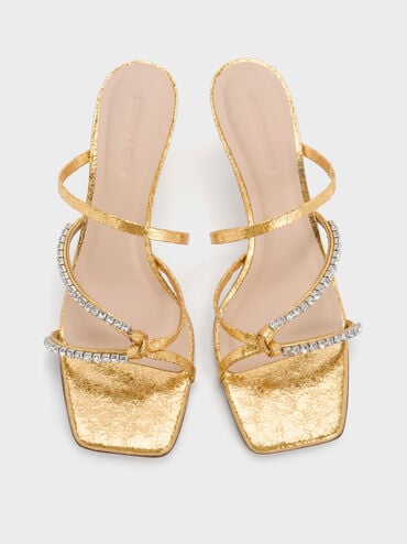 صندل منسوج بكعب وأشرطة مزين بحلية, ذهبي, hi-res