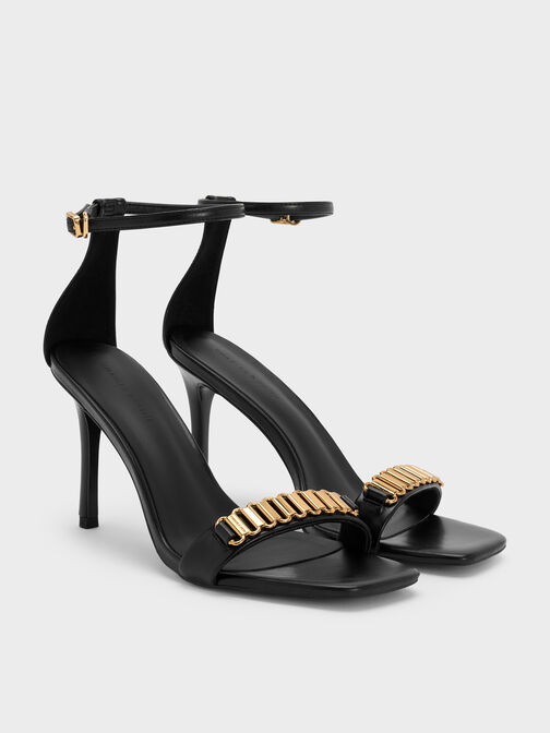 Metallic-Accent Heeled Sandals, Black, hi-res