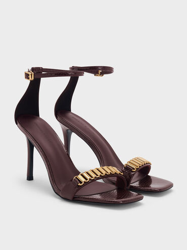 Snake-Print Metallic-Accent Heeled Sandals, Animal Print Burgundy, hi-res
