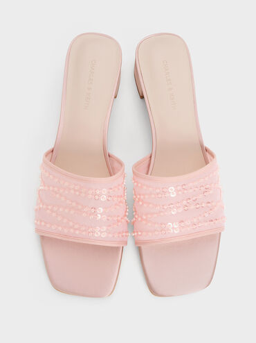 Mesh Sequinned Block-Heel Mules, Nude, hi-res
