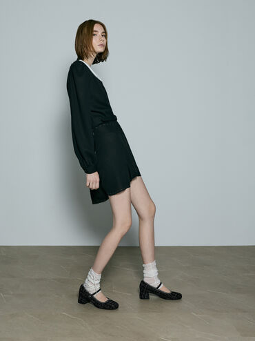 Tweed Braided-Chain Block-Heel Mary Jane Pumps, Black Textured, hi-res