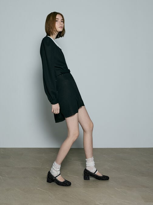 Tweed Braided-Chain Block-Heel Mary Jane Pumps, Black Textured, hi-res