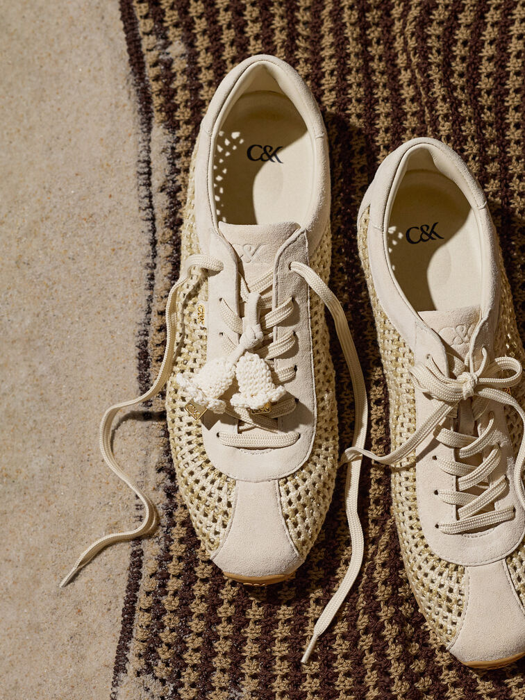Jace Crochet & Suede Flower Sneakers, Chalk, hi-res