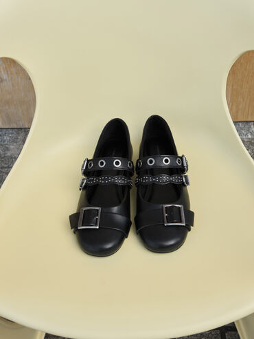 Aether Grommet Studded Mary Jane Flats, Black, hi-res