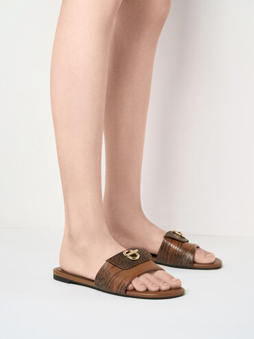 Lizard-Print Metallic-Accent Slide Sandals, Animal Print Brown, hi-res