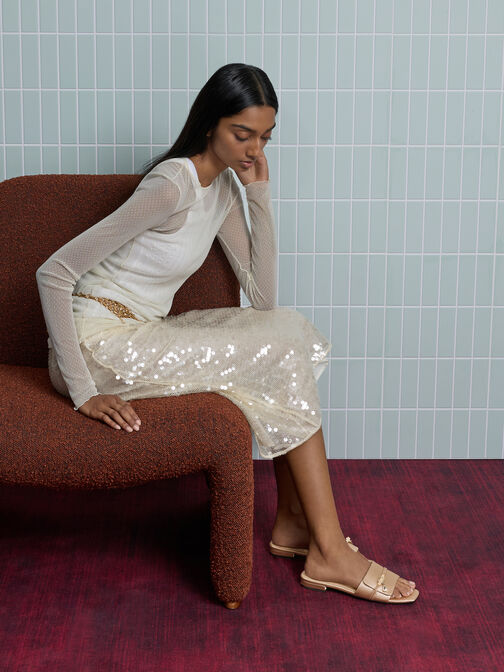 Satin Teardrop-Crystal Buckle-Strap Slide Sandals, Gold, hi-res