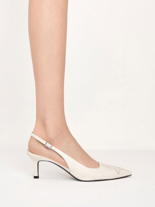 حذاء بامب بمقدّمة مدبّبة بكعب كيتن مفتوح من الخلف بتفاصيل ورد مثقّب, أبيض طباشيري, hi-res