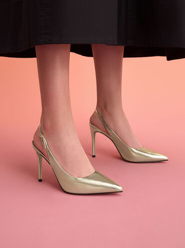 حذاء بكعب ستيليتو مفتوح من الخلف بحزام كاحل ولون معدني, ذهبي, hi-res