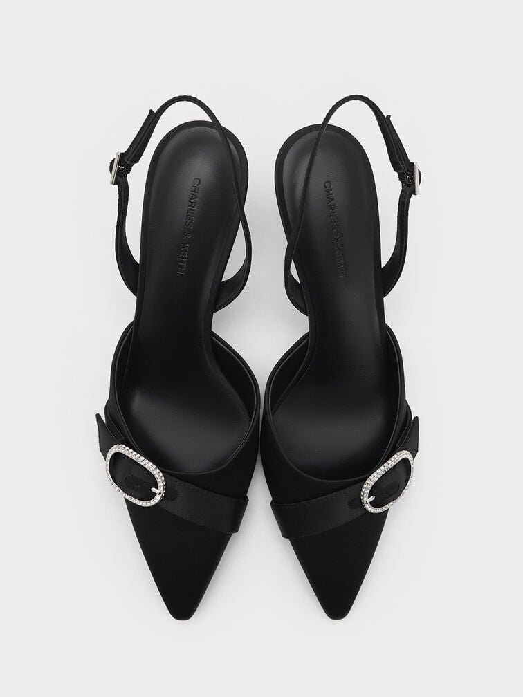 حذاء جاني من البوليستر المعاد تدويره بكعب عالٍ وتصميم مفتوح من الخلف وحزام كاحل مزين بالكريستال, أسود خشن, hi-res