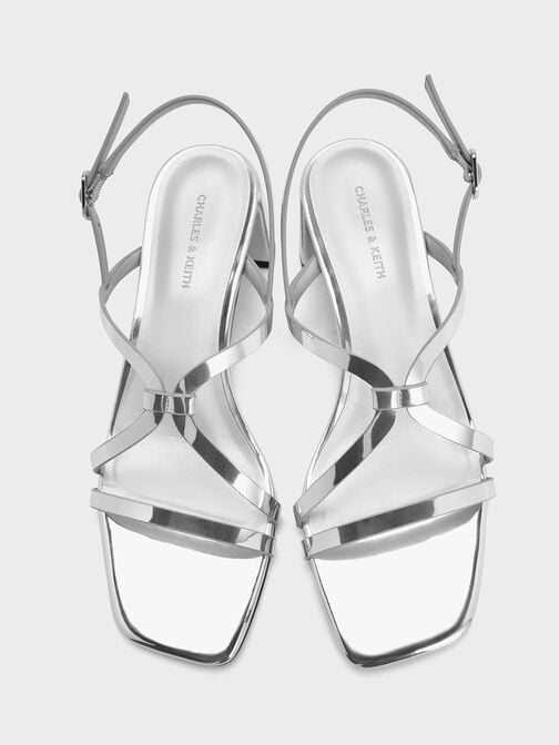 صندل بكعب مربع ومظهر معدني وتصميم سلينجباك مفتوح الظهر مزين بأشرطة, فضي, hi-res