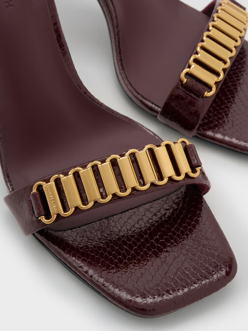 Snake-Print Metallic-Accent Heeled Sandals, Animal Print Burgundy, hi-res