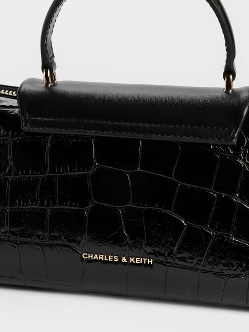 Lilibet Croc-Effect Elongated Top Handle Bag, Black, hi-res