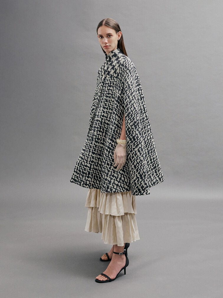 صندل من القماش المضلع بكعب رفيع وحزام حول الكاحل, أسود خشن, hi-res