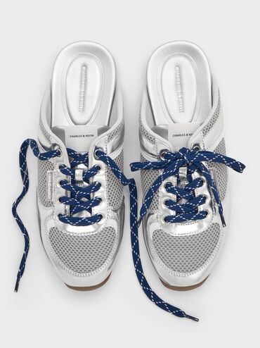 حذاء رياضي بتصميم سهل الارتداء من الدانتيل بتصميم شبكي بلون معدني مزخرف بأربطة منقوشة, فضي, hi-res