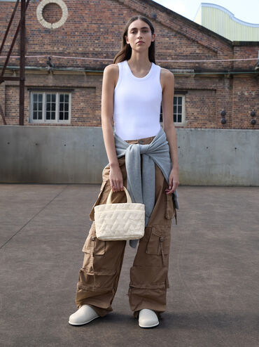 Nylon Chevron Boxy Tote Bag, Cream, hi-res