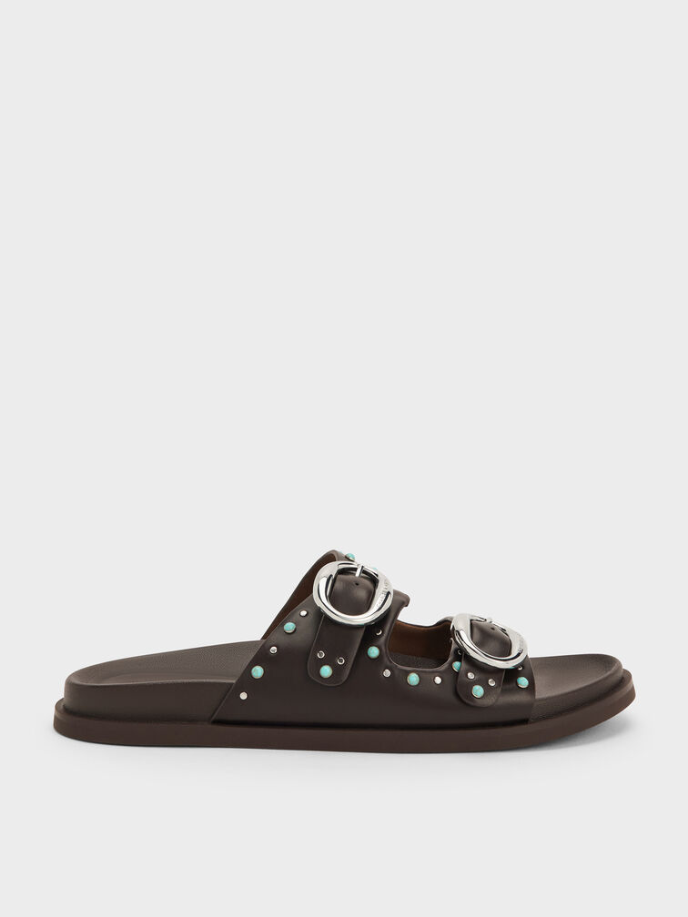 صندل سلايد مرصع بإبزيم وسيرين, بني داكن, hi-res