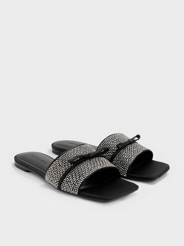 Satin Crystal-Embellished Bow Slide Sandals, Black Textured, hi-res