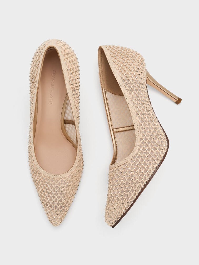 حذاء من قماش شبكي بكعب ستيليتو وتصميم مزين بالكريستال, ذهبي, hi-res