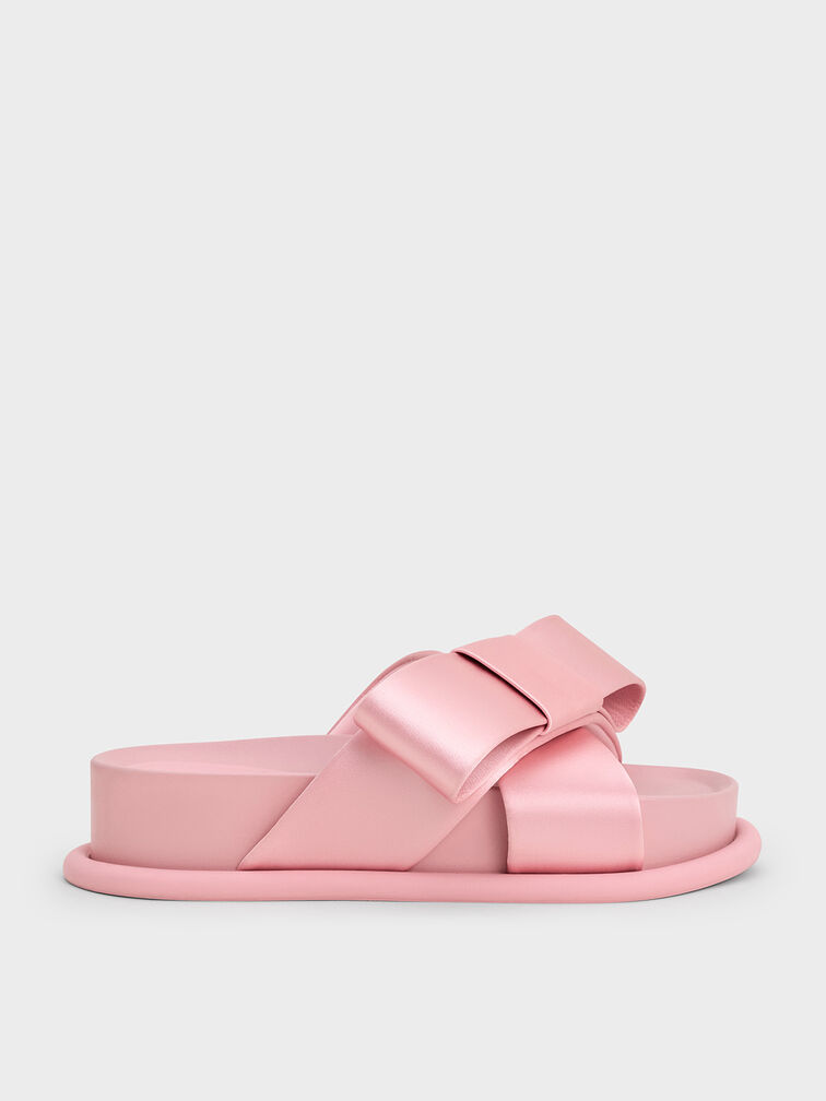 Satin Bow Flatform Sandals, Pink, hi-res