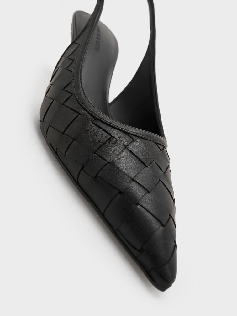 حذاء إيفيت بكعب ونمط منسوج ومقدمة مدببة وتصميم سلينجباك مفتوح الظهر, أسود, hi-res