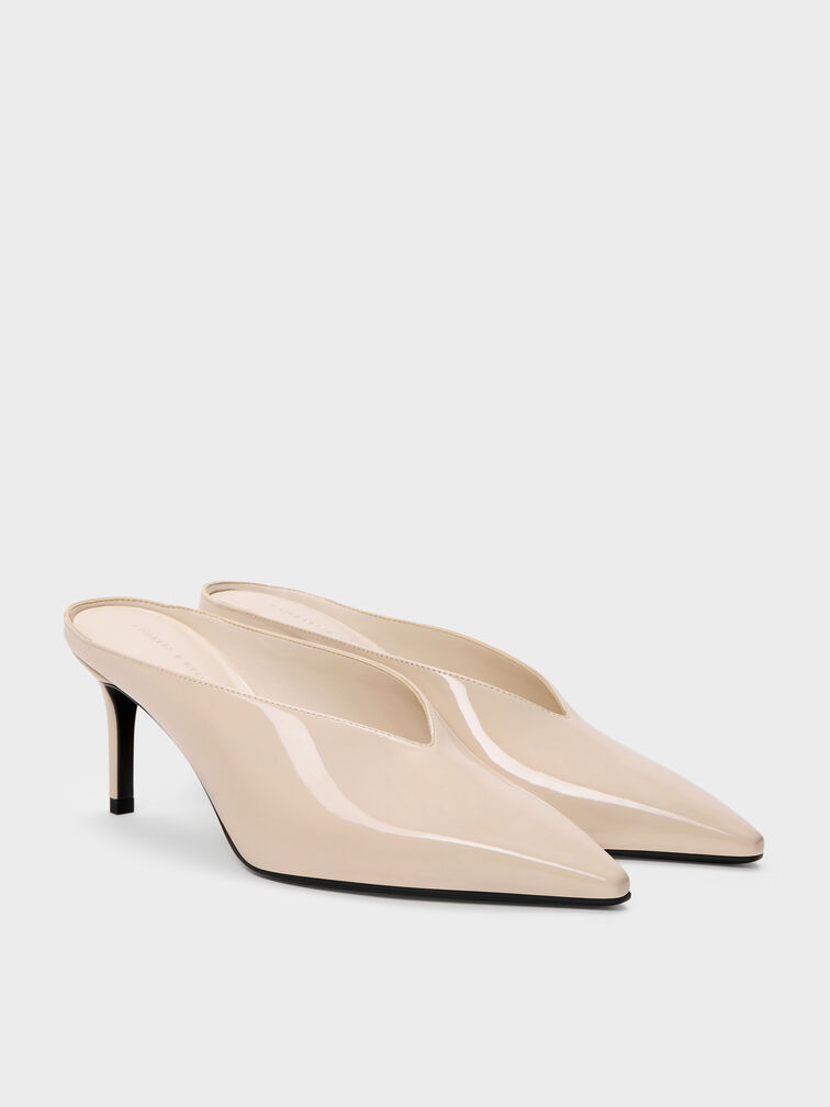 Patent Pointed Heeled Mules, Nude, hi-res