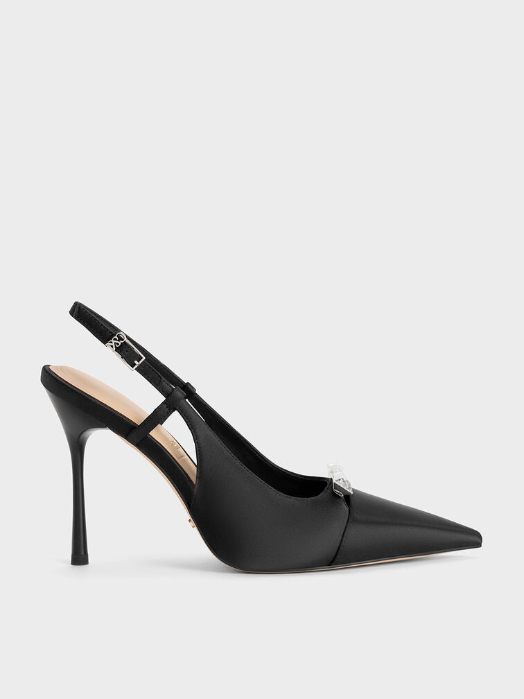Bow Slingback Pumps, Black Textured, hi-res