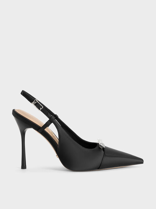 Bow Slingback Pumps, Black Textured, hi-res