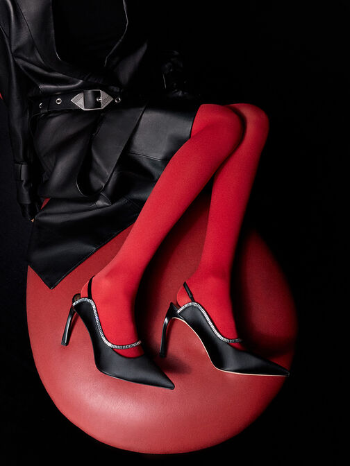 Recycled Polyester Crystal-Embellished Pointed-Toe Slingback Pumps, Black Textured, hi-res