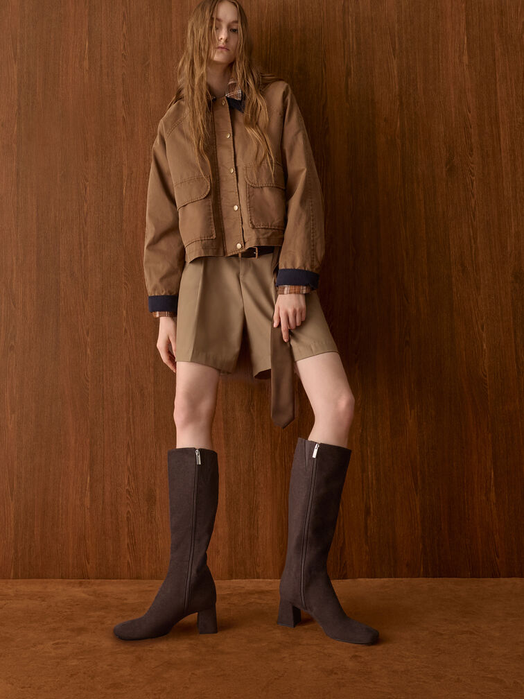 بوت شمواه صناعي بطول الركبة ومقدمة مربعة, بني محبّب غامق, hi-res