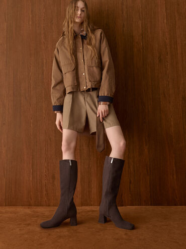 بوت شمواه صناعي بطول الركبة ومقدمة مربعة, بني محبّب غامق, hi-res