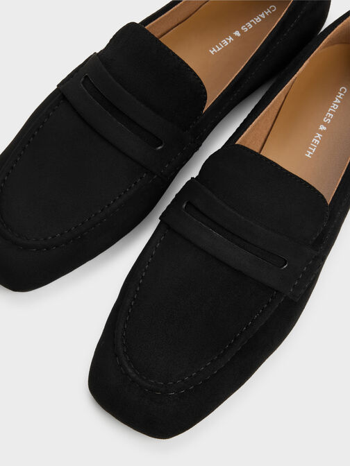 Faux Suede Penny Loafers, Black Textured, hi-res