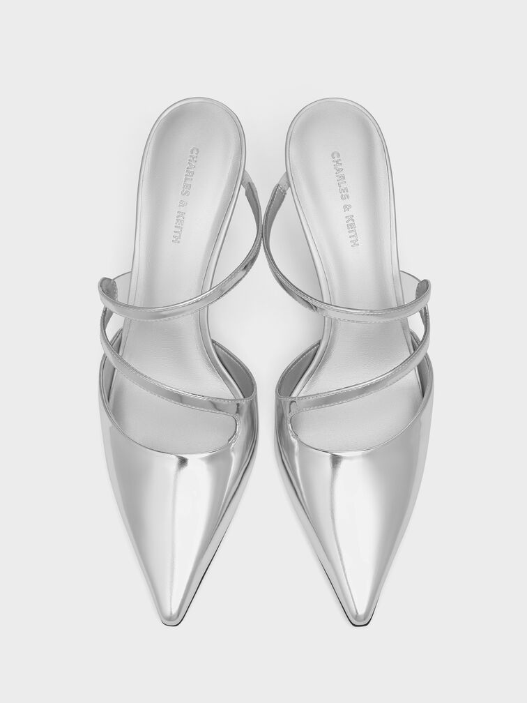 Arden Metallic Pointed Wavy Heeled Mules, Silver, hi-res
