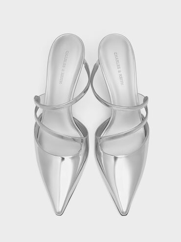 Arden Metallic Pointed Wavy Heeled Mules, Silver, hi-res