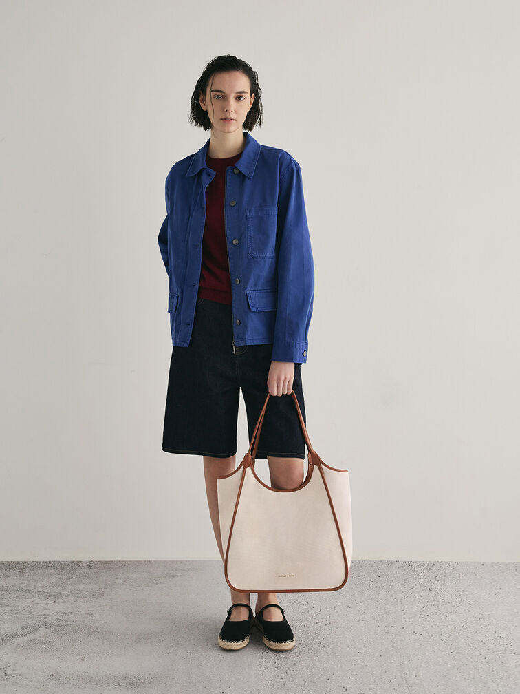 Sianna Canvas Contrast-Trim Tote Bag, Taupe Canvas, hi-res