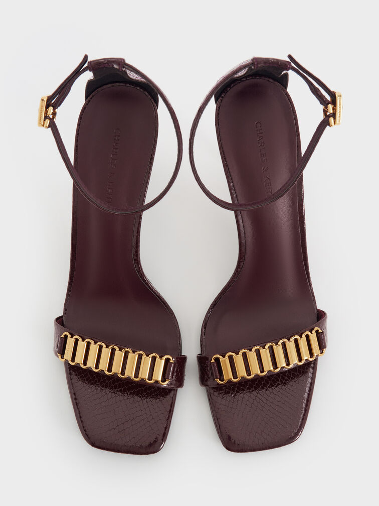 Snake-Print Metallic-Accent Heeled Sandals, Animal Print Burgundy, hi-res