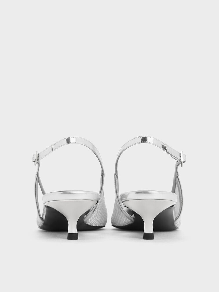 Mesh Metallic Cap-Toe Kitten-Heel Pumps, Silver, hi-res