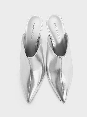 Metallic High-Vamp Pointed-Toe Heeled Mules, Silver, hi-res