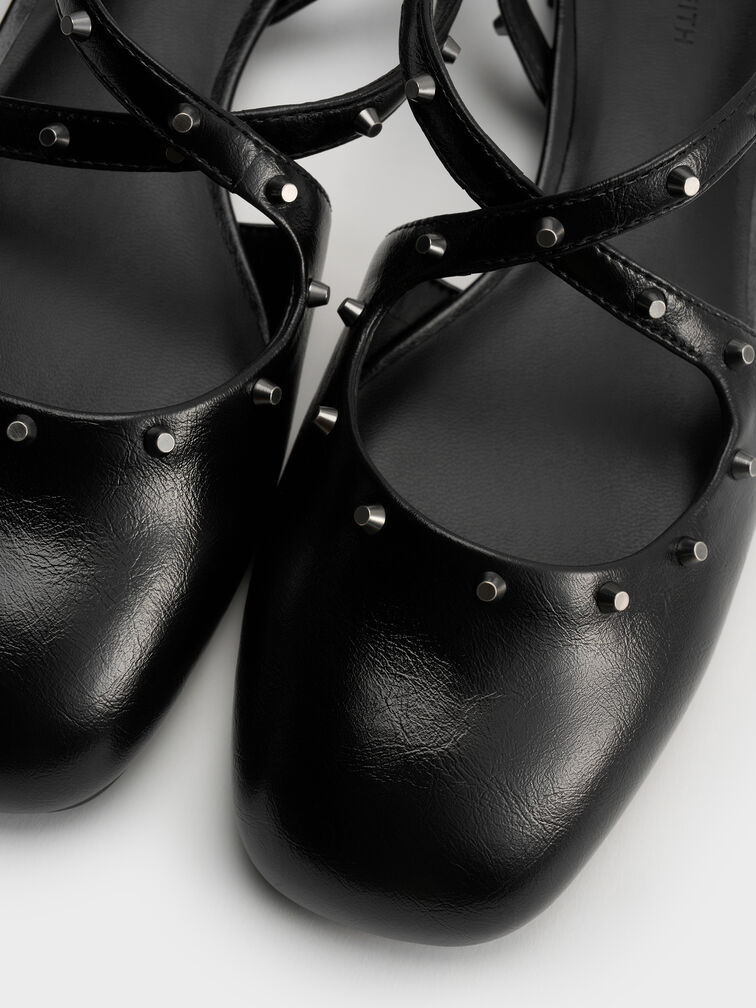Studded Crossover Slingback Flats, Black, hi-res