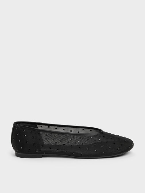 Mesh Crystal Ballet Flats, Black Textured, hi-res