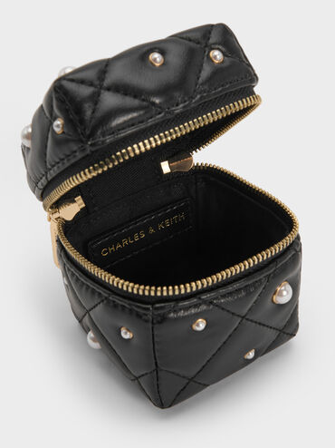 حقيبة مايكرو جيني مبطنة مزينة باللؤلؤ بمقبض سلسلة, أسود, hi-res