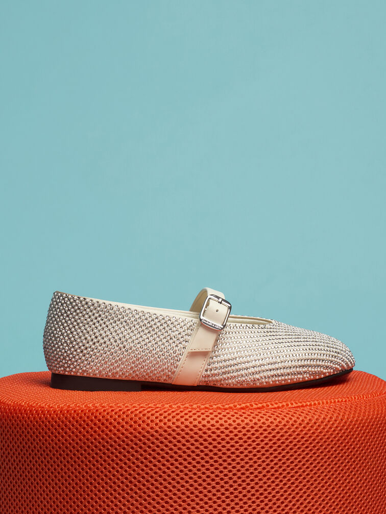 Girls' Pearl-Crystal Mary Jane Flats, Chalk, hi-res