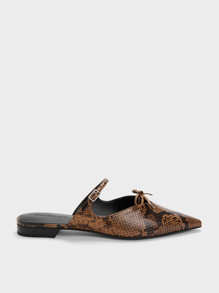 حذاء ماري جين مفتوح من الخلف بعقدة ونقشة جلد الأفعى, بني حيواني, hi-res
