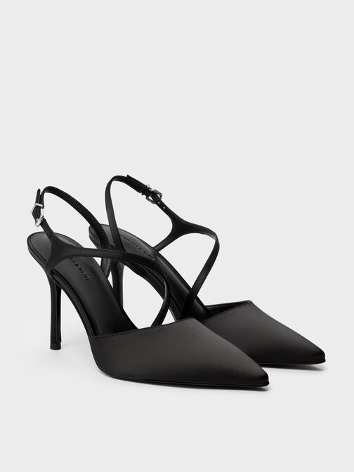 Cordelia Pointed Slingback Pumps, Black Textured, hi-res