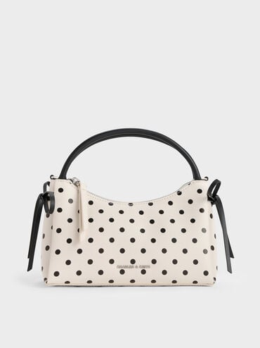 حقيبة هازل بمقبض علوي وفيونكة ونقشة منقطة, كريمي, hi-res