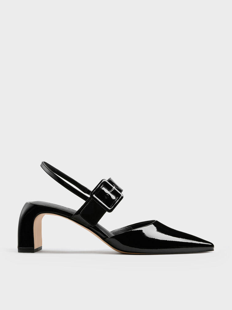 أحذية بكعب عالٍ مدبب مزين بإبزيم حاصل على براءة اختراع, أسود براق, hi-res