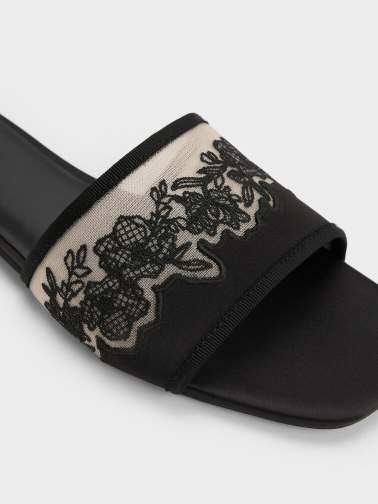 Satin Embroidered-Mesh Slide Sandals, Black Textured, hi-res